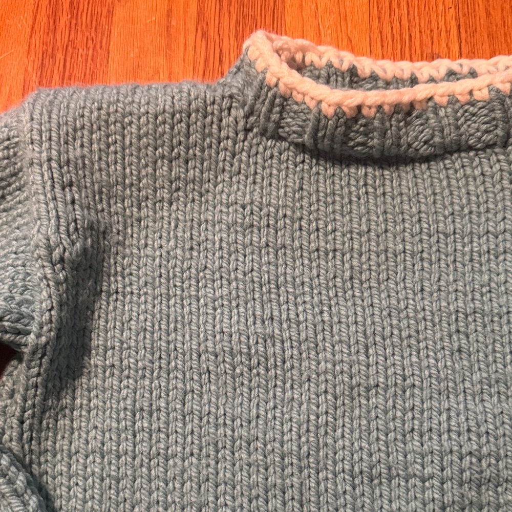 Hand Knit Women's Turquoise Mock neck Sweater with Cream Trim